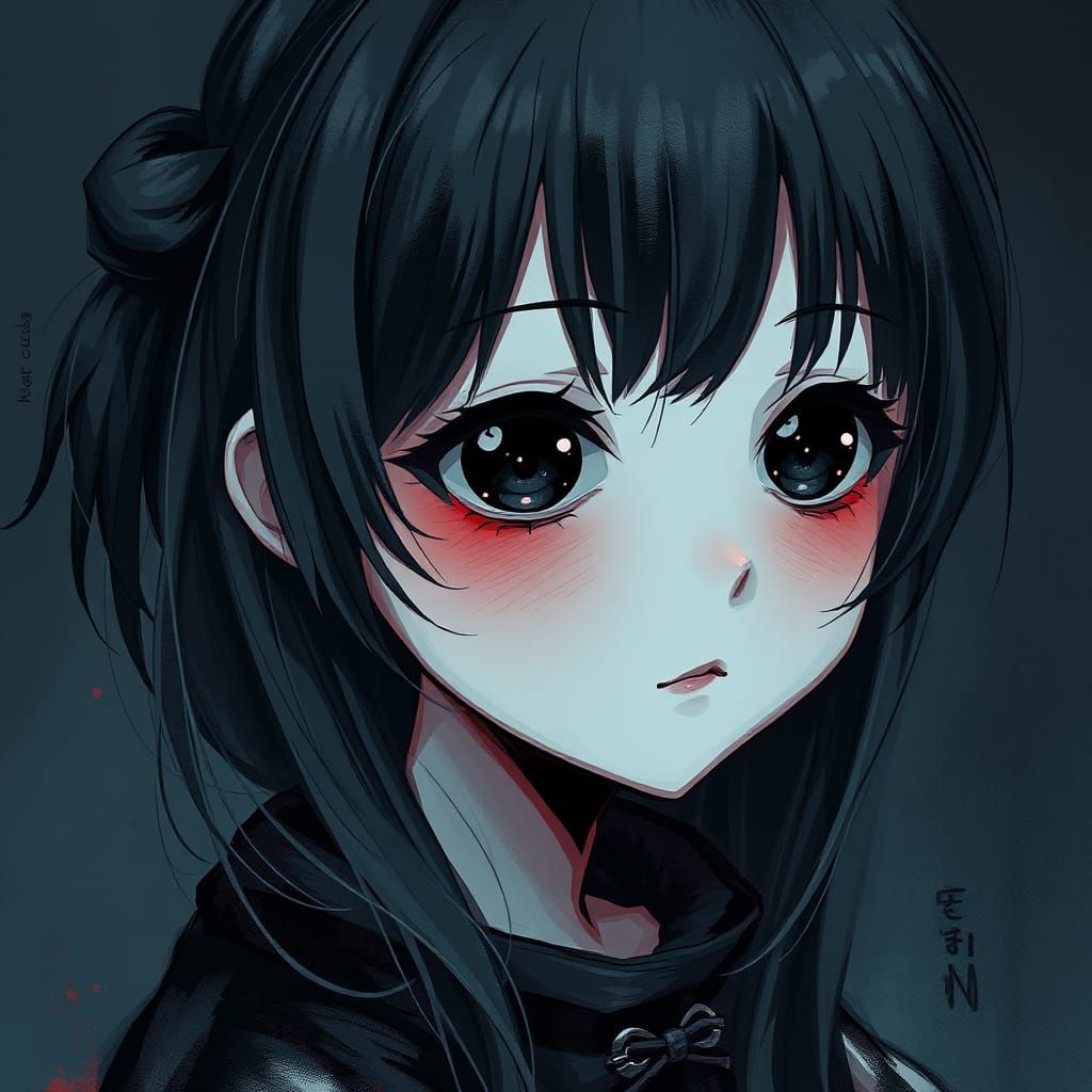 Eerie Anime Girl with Black Eyes
