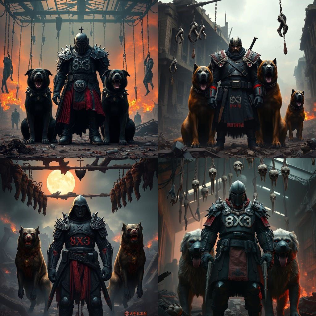 Cyberpunk Fantasy Warrior with Tibetan Mastiffs in Warzone