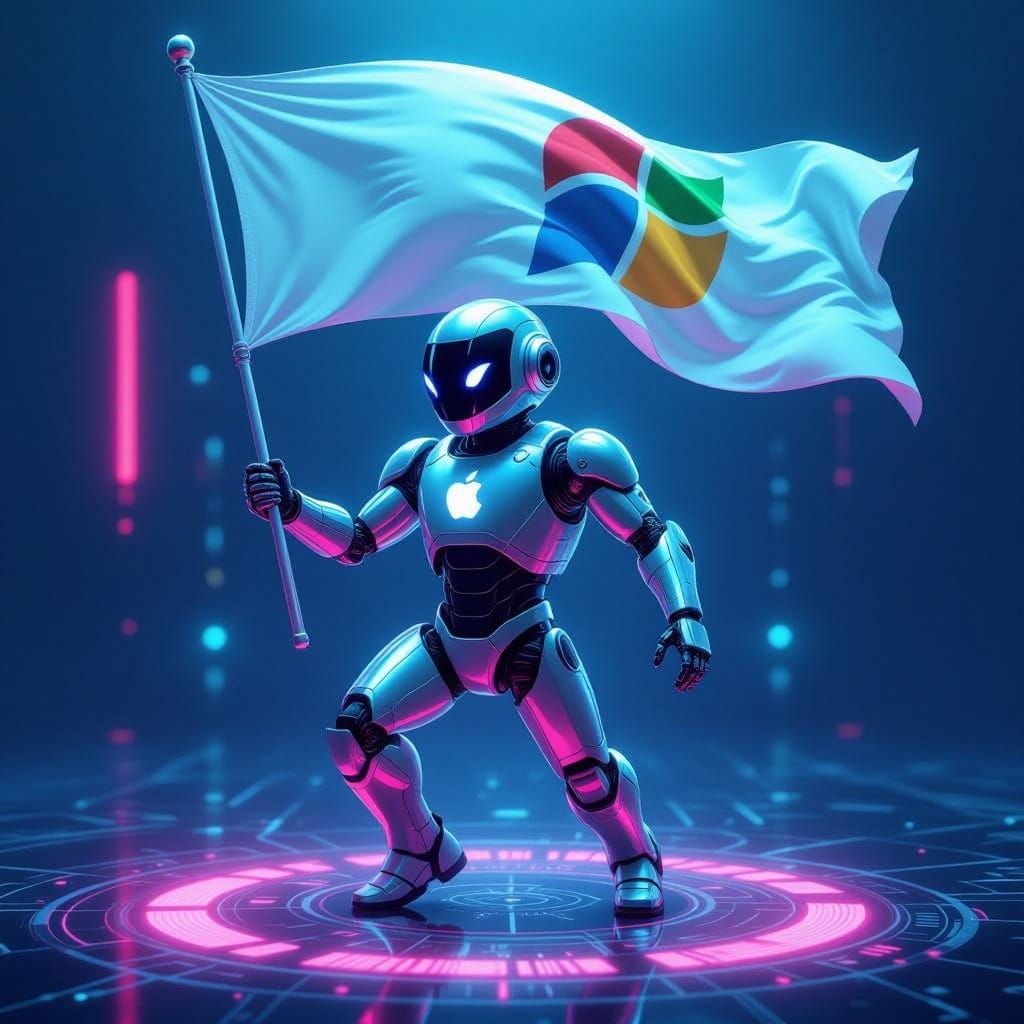 Android Robot Dances on Ubuntu Linux Floor, Wearing Apple Ma...