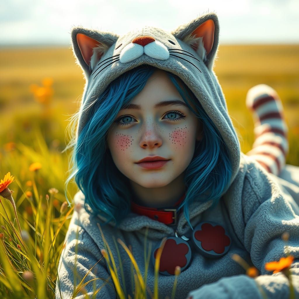Surreal Summer Goddess in Feline Regalia Amidst Tundra Expan...