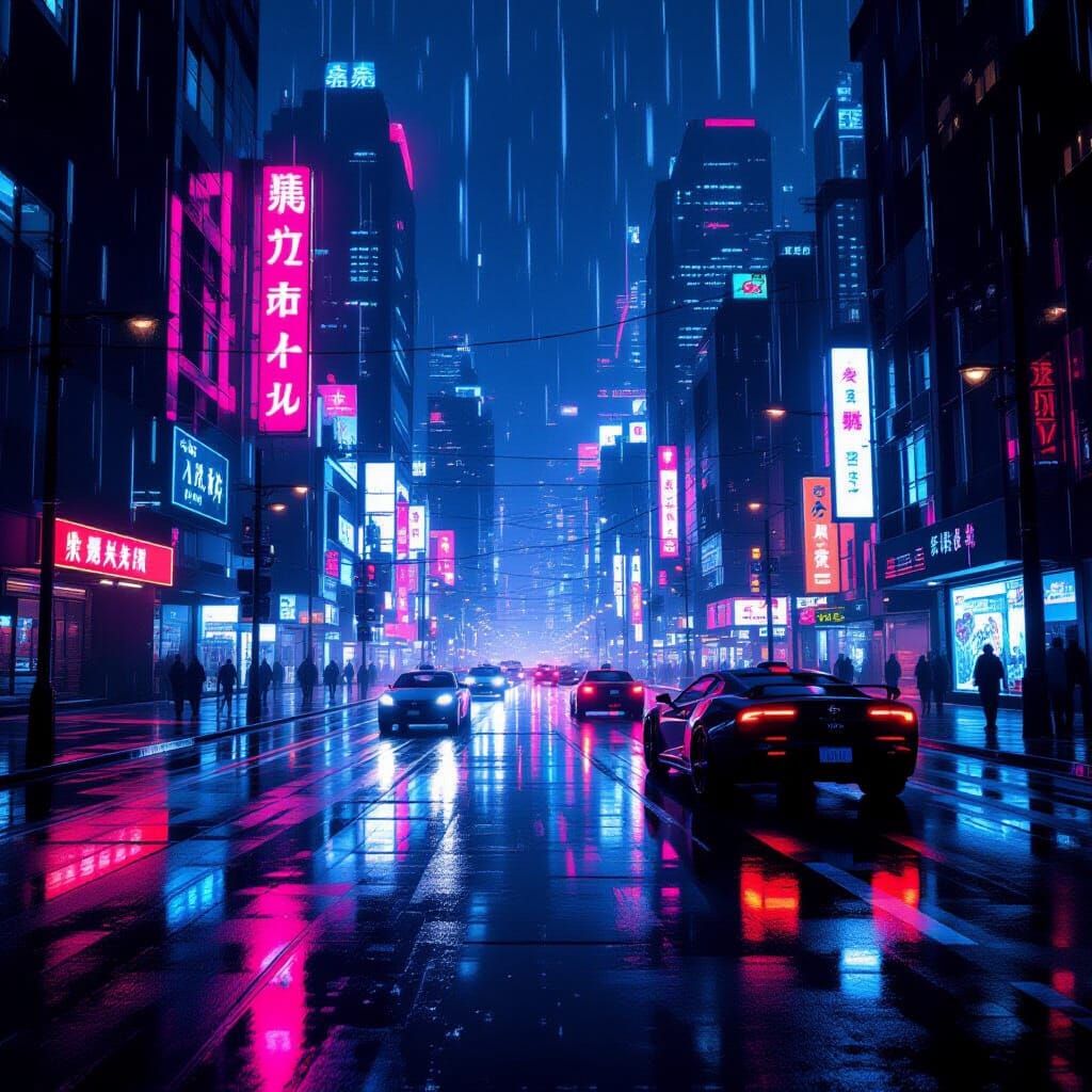 Neon Reflections in Rainy Cyberpunk Cityscape