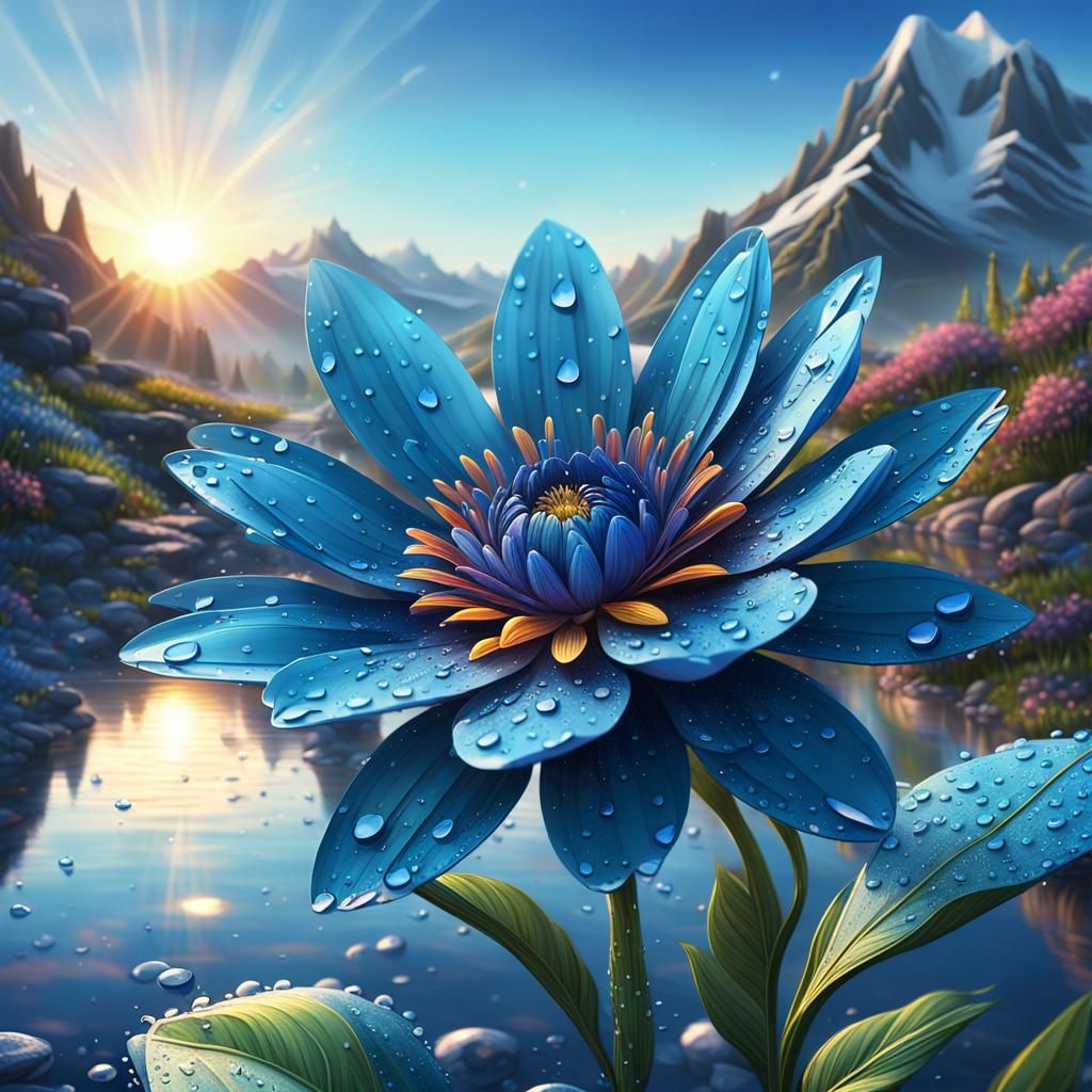 Blue Sunrise Flower in Magical Spring: 3D Render