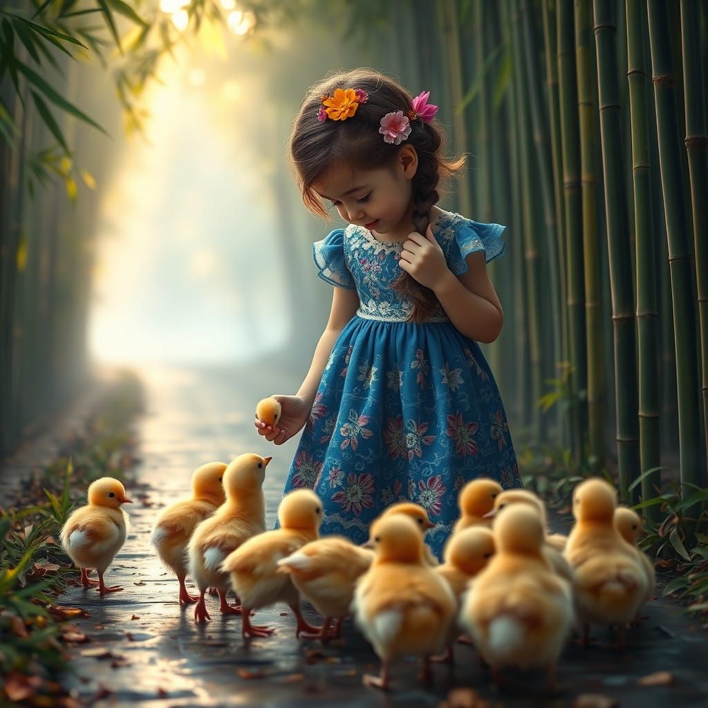 Whimsical Girl and Chicks in Misty Bamboo Forest