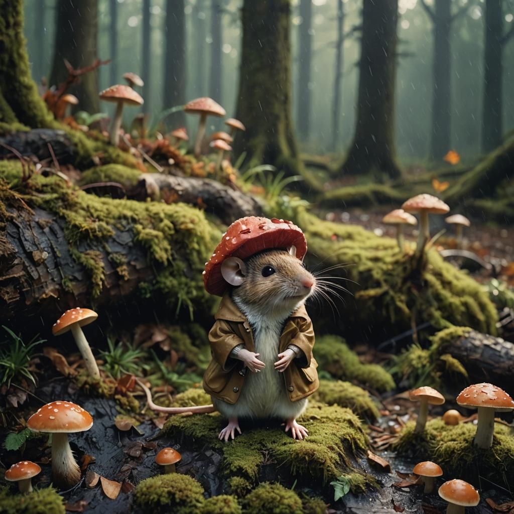 Mouse in Mushroom Hat Amidst Autumnal Rain