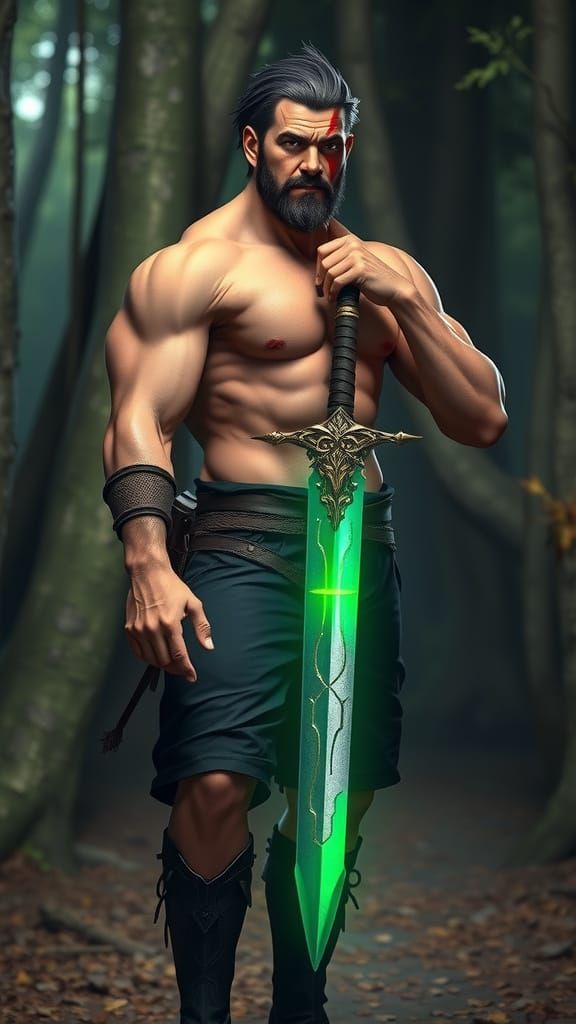 Tall Warrior with Muscular Arms and Magical Sword in Forest