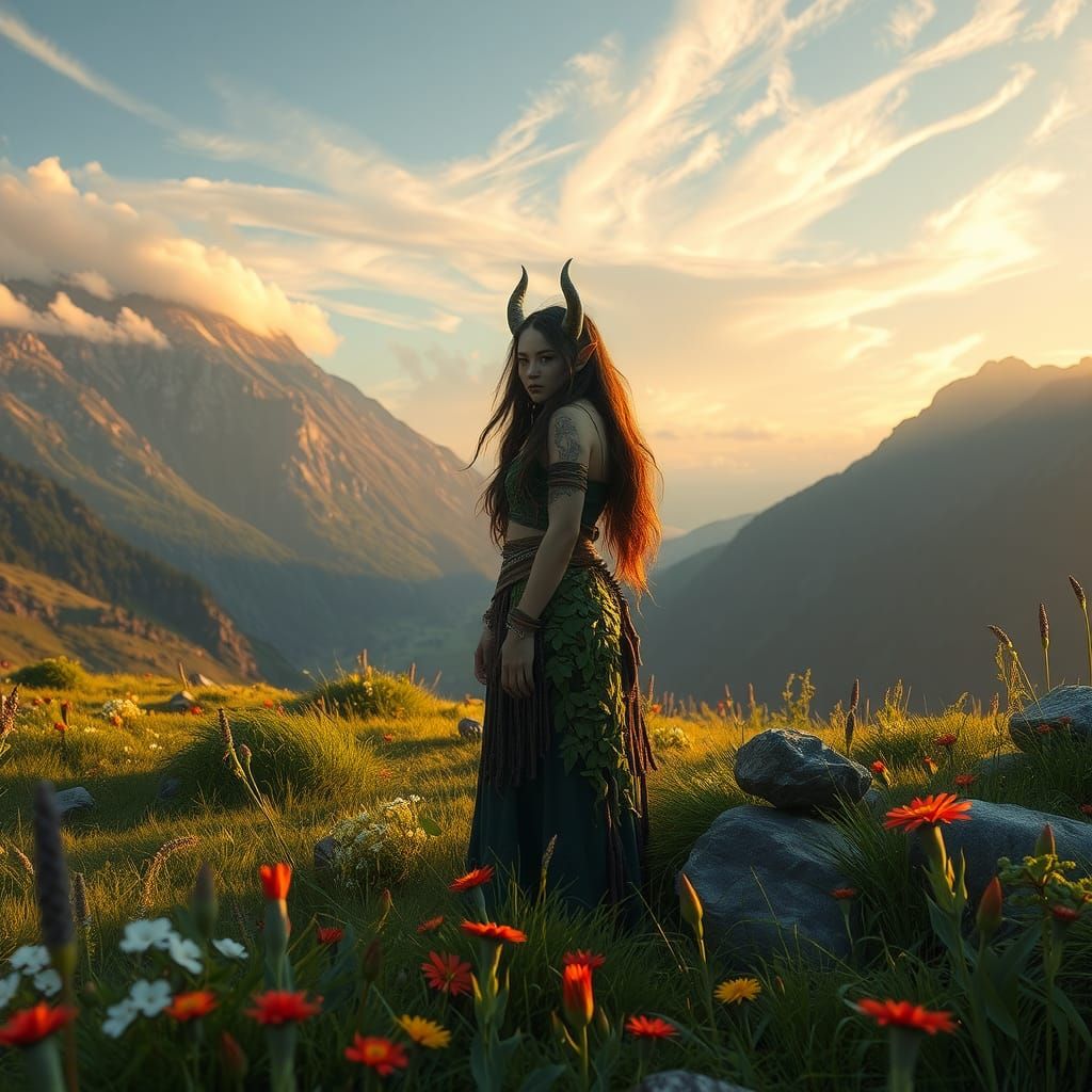 Tiefling Druid in Mountain Meadow, Matte Painting