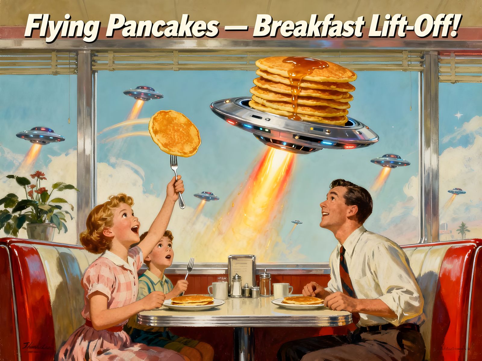 Flying Pancakes: 1950s Retro Breakfast Ad