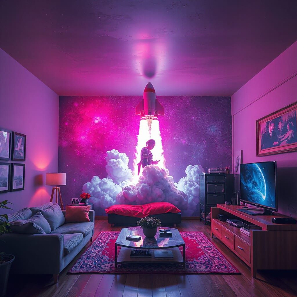 Hyperreal Rocket Hologram Launching in Living Room