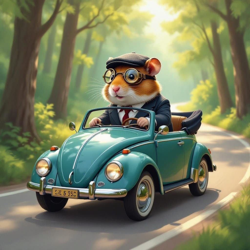 Charming Hamster in Vintage VW Beetle