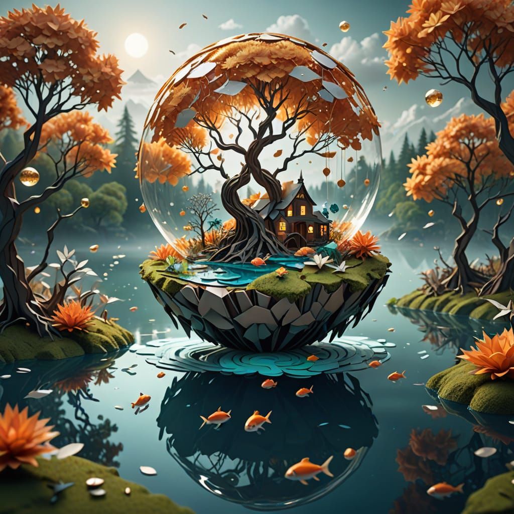 Surreal Floating Island with Clockwork and Paper Fish