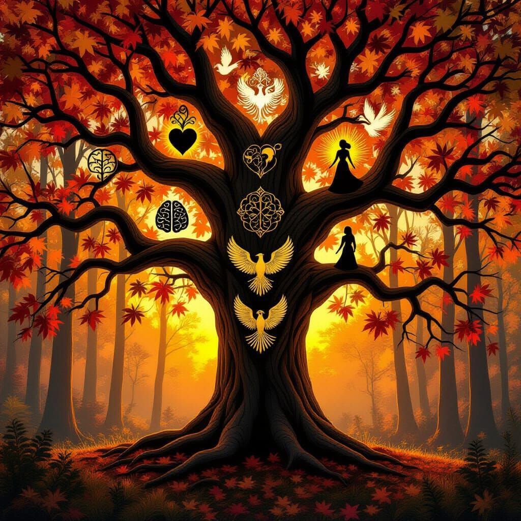 Tree of Life with Symbols in Autumn Forest at Sunset