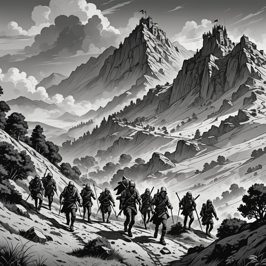 Adventurers Cresting Hill in Black and White OSR Art