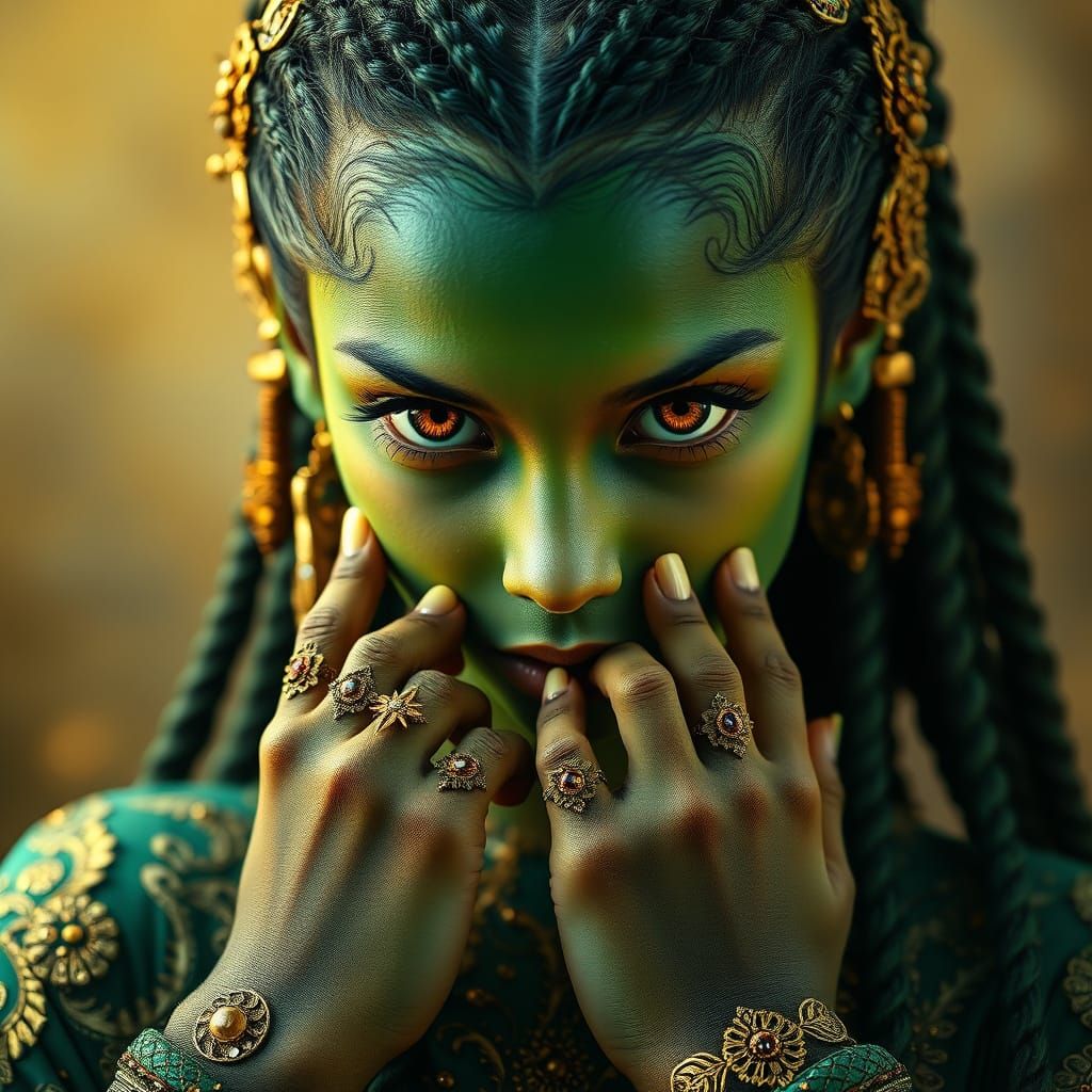 Mystical Green-Hued Woman with Golden Eyes and Ornate Adornm...