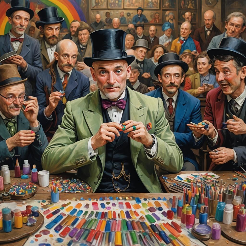 Eccentric Man with Rainbow Nails in Medieval Workshop