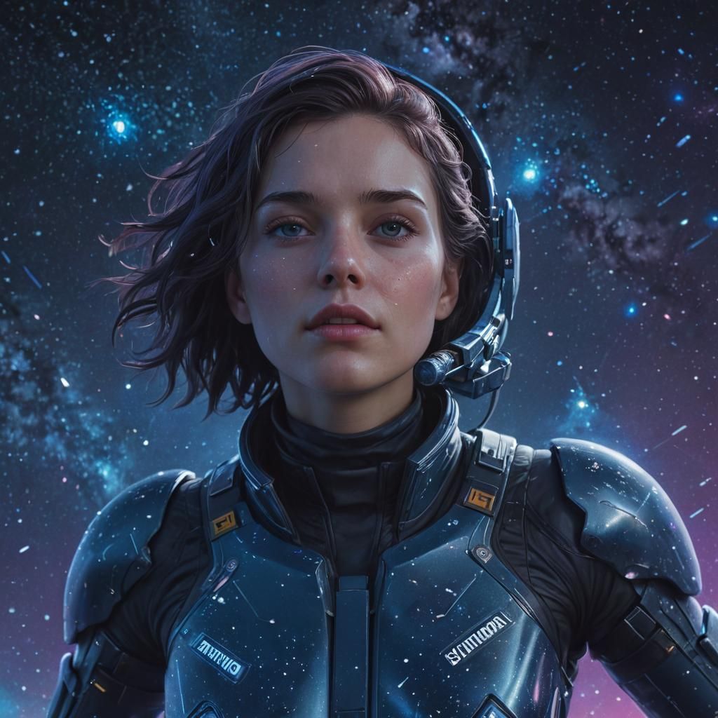 Woman in Futuristic Suit Floating in Space
