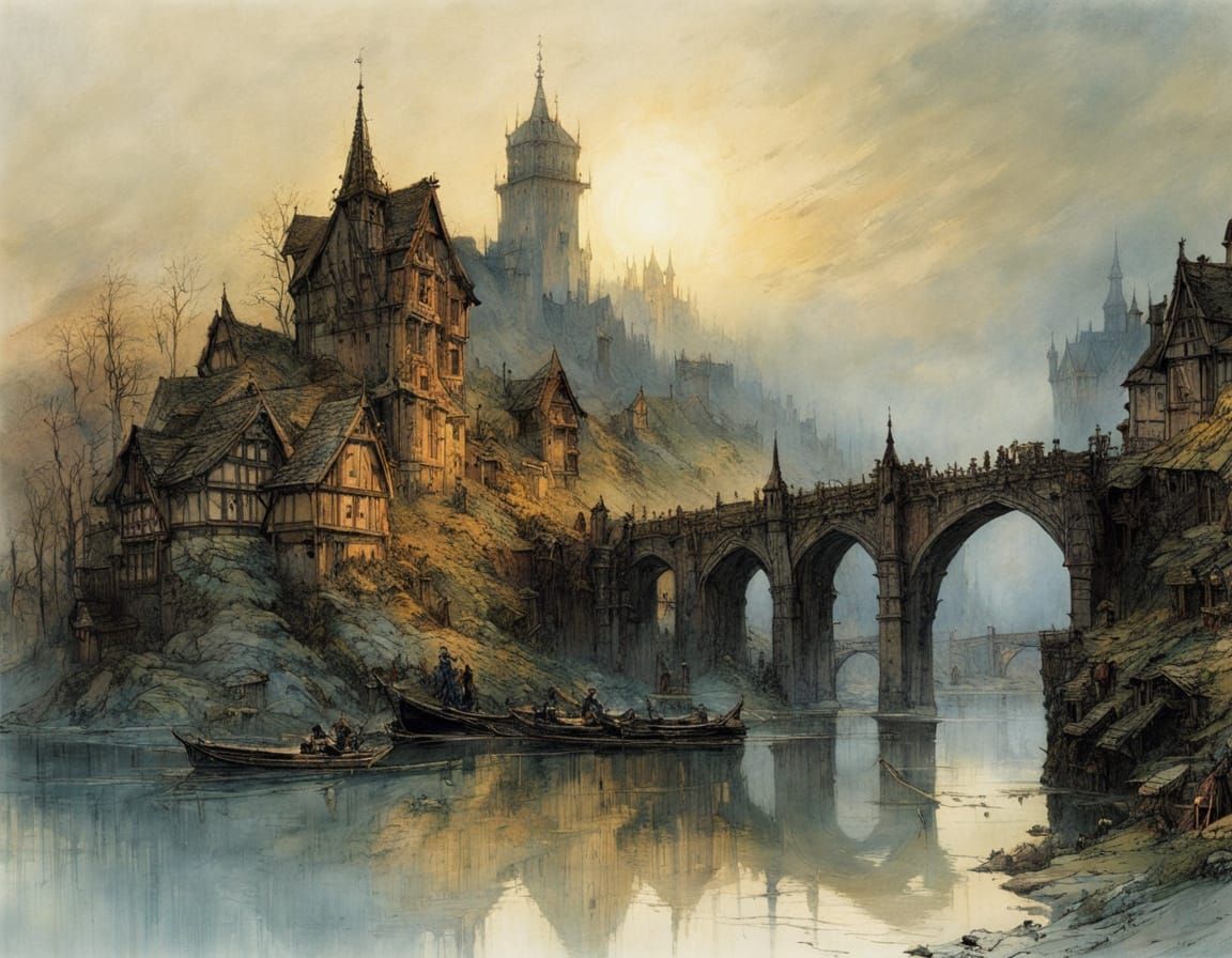 Medieval Town Unfolds from Mystical Fog in Deep Colors