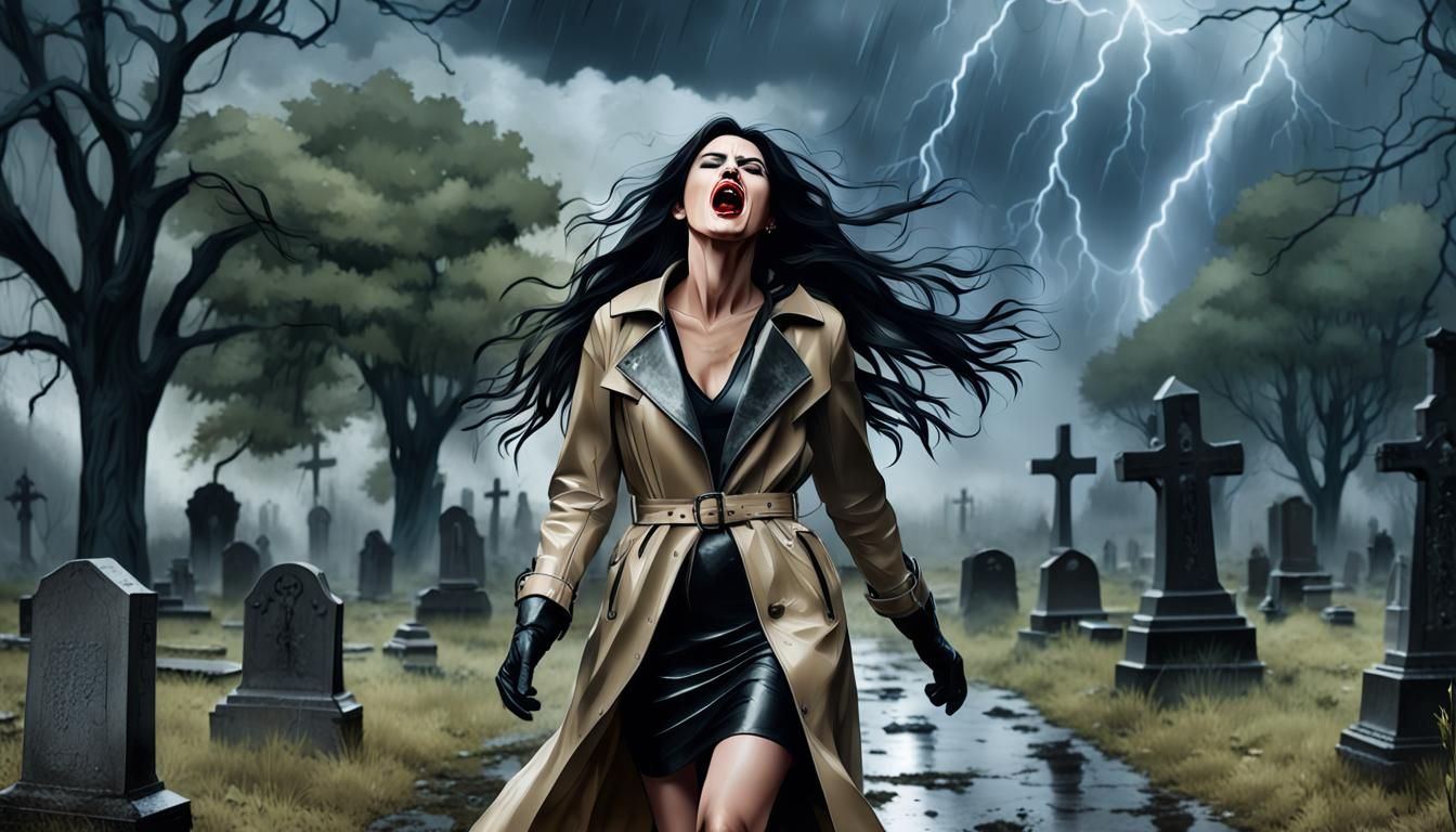 Terrified Woman in Cemetery During Storm