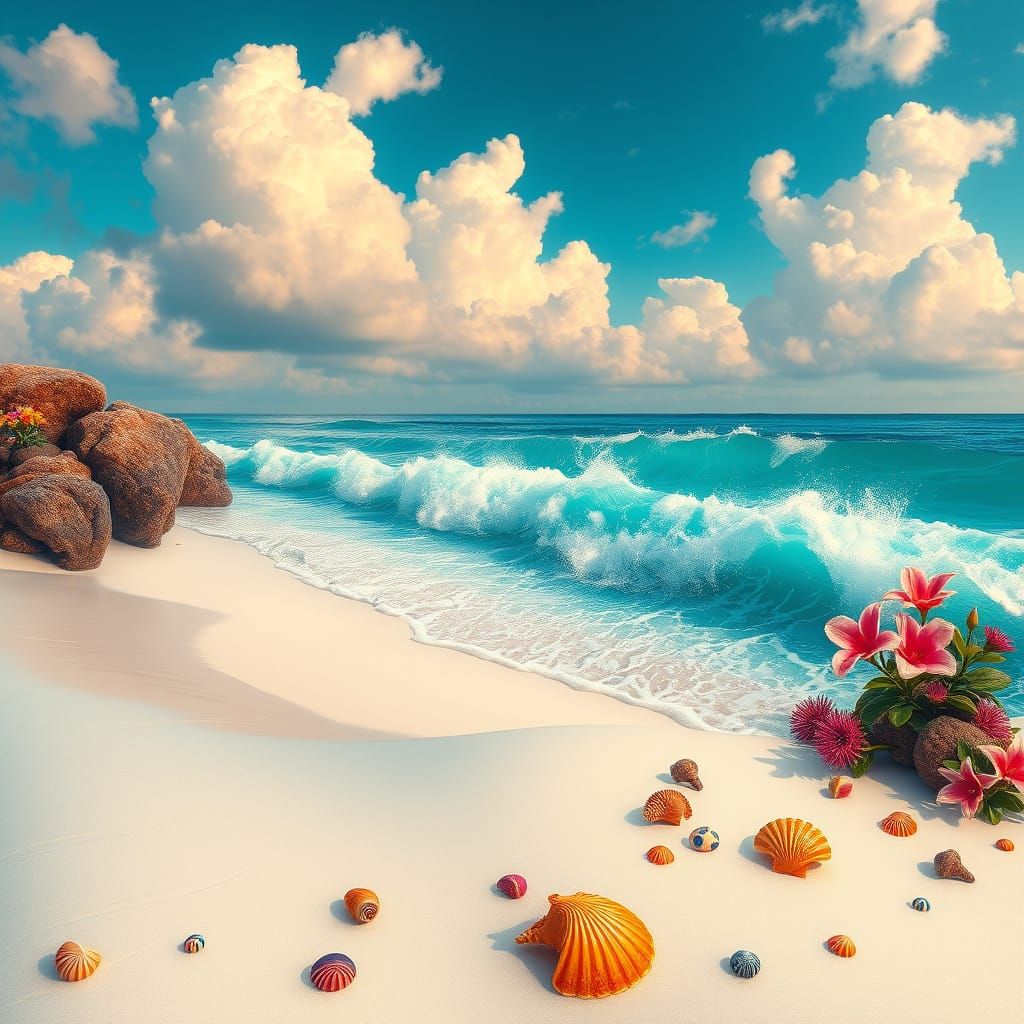 Turquoise Waves on White Sand Beach with Tropical Flowers