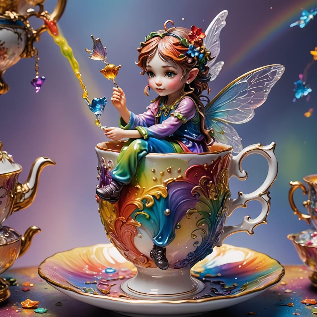 Fairy on Teacup: Hyperrealistic Splash Art
