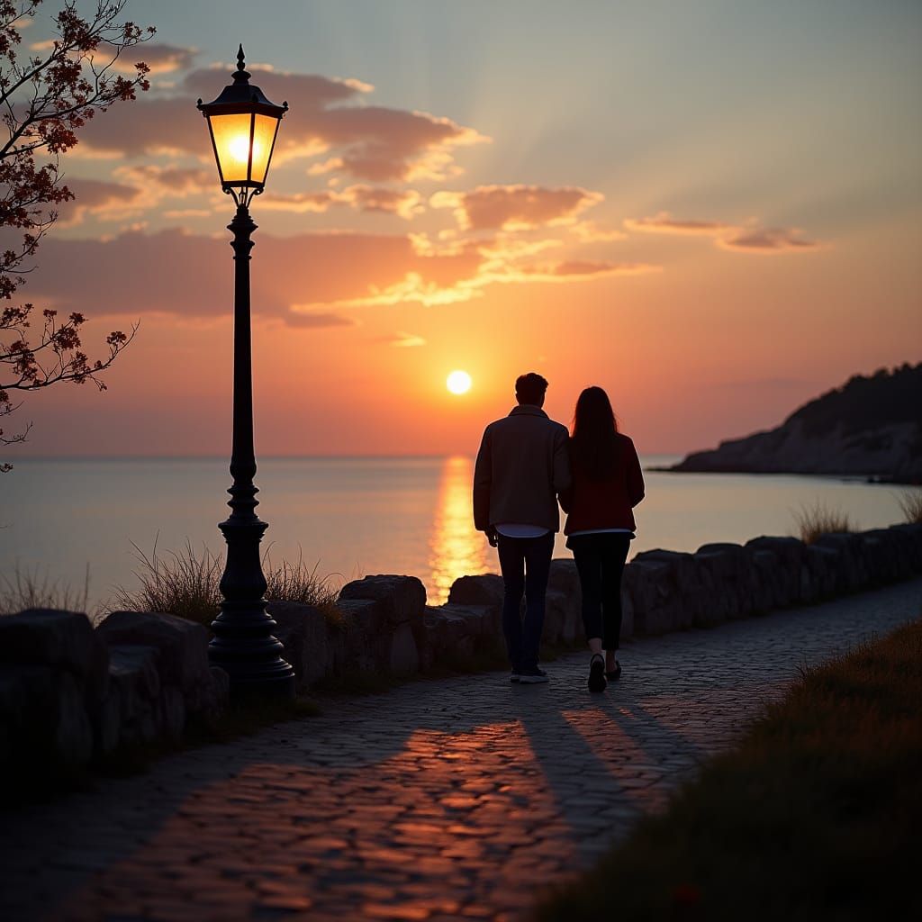 Romantic Seaside Evening Walk with Lamp Posts