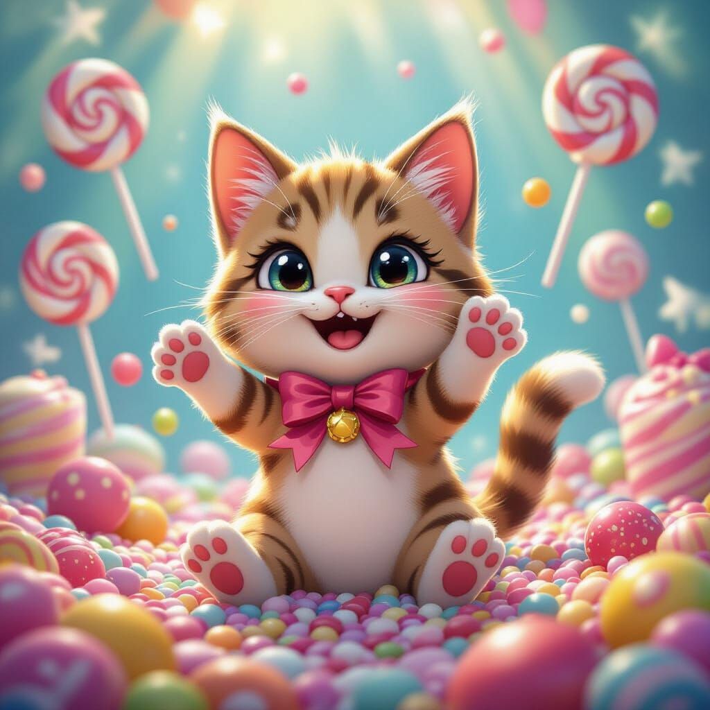 Happy Candy Cat in Whimsical Candyland Style