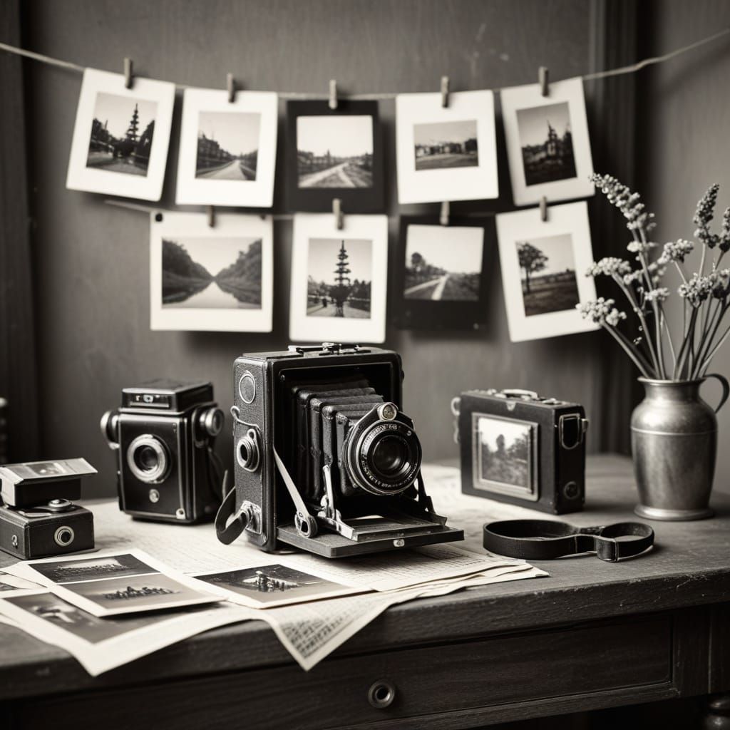 Vintage 1890s Camera and Photographs in Black and White