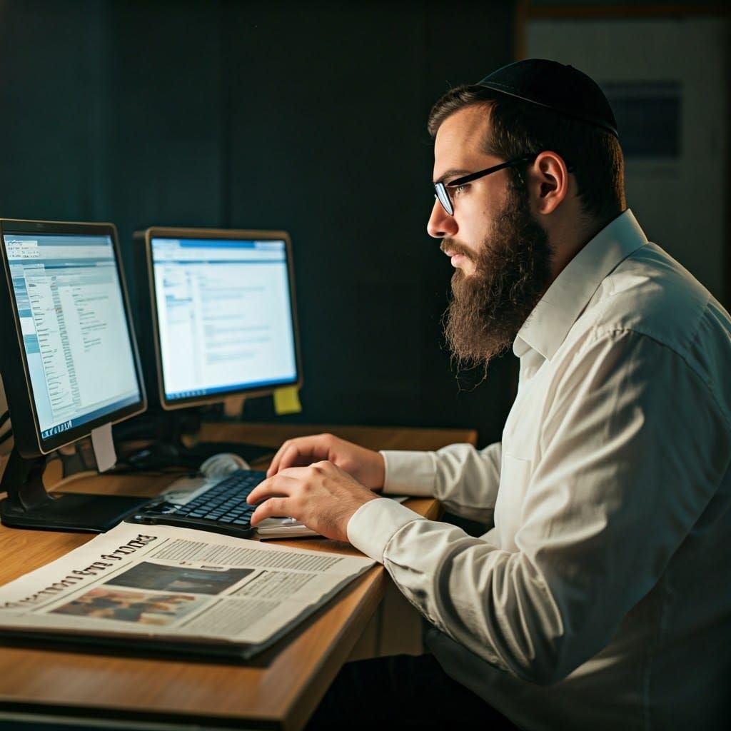 Hasidic Man Designs Newspaper on Computers