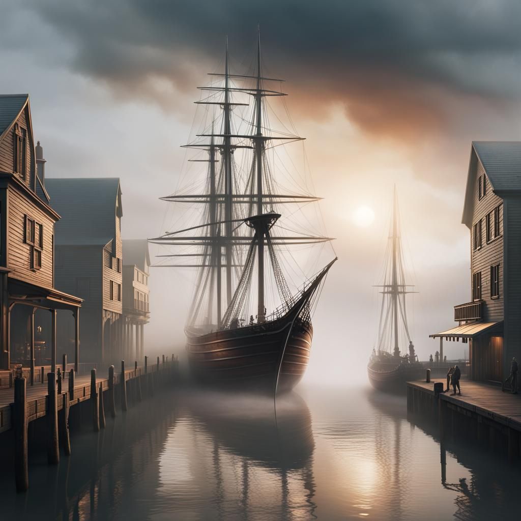 Sailing Ship in Fog: Dramatic Digital Matte Painting