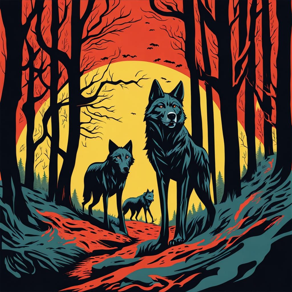 Women in Dark Forest Encounter Hungry Wolf