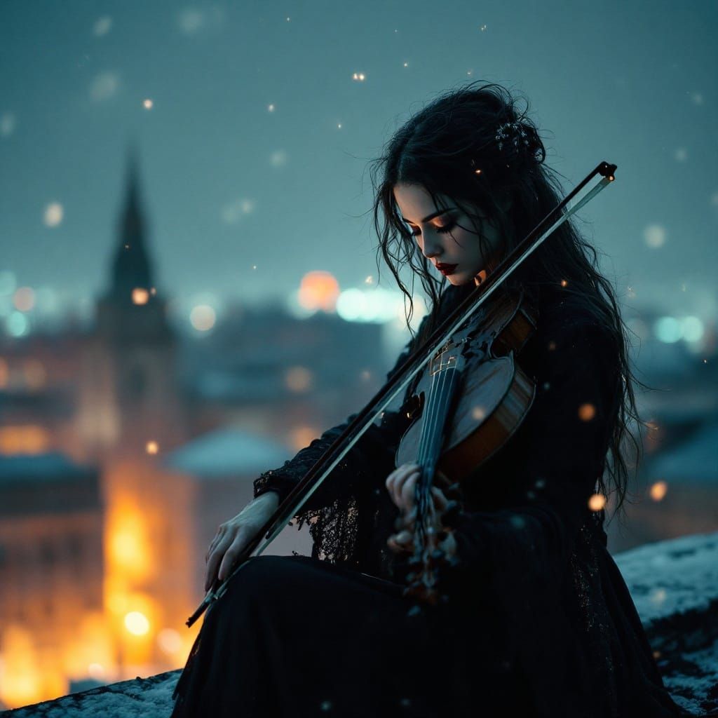Melancholic Violinist in Soft Focus on Snowy Rooftop