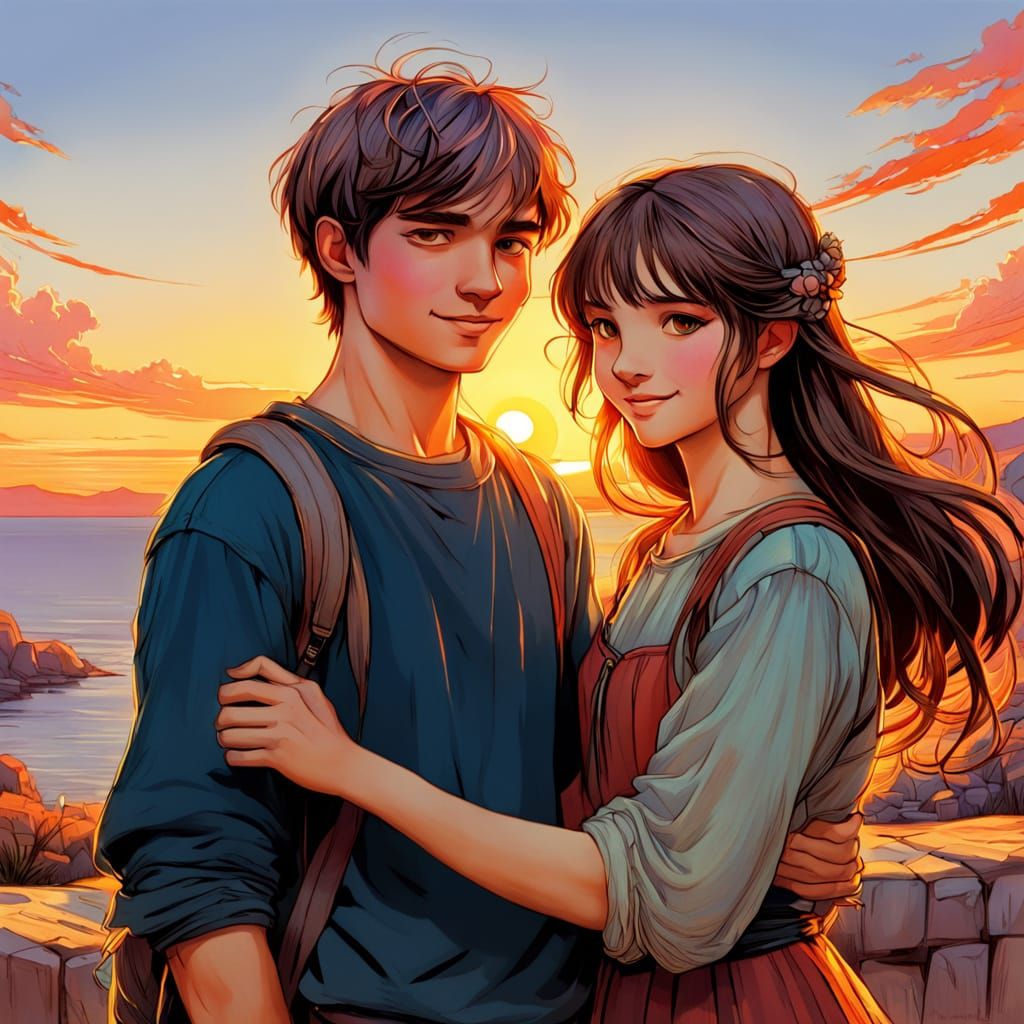 Cheerful Boy and Girl Meeting at Sunset in Anime Style