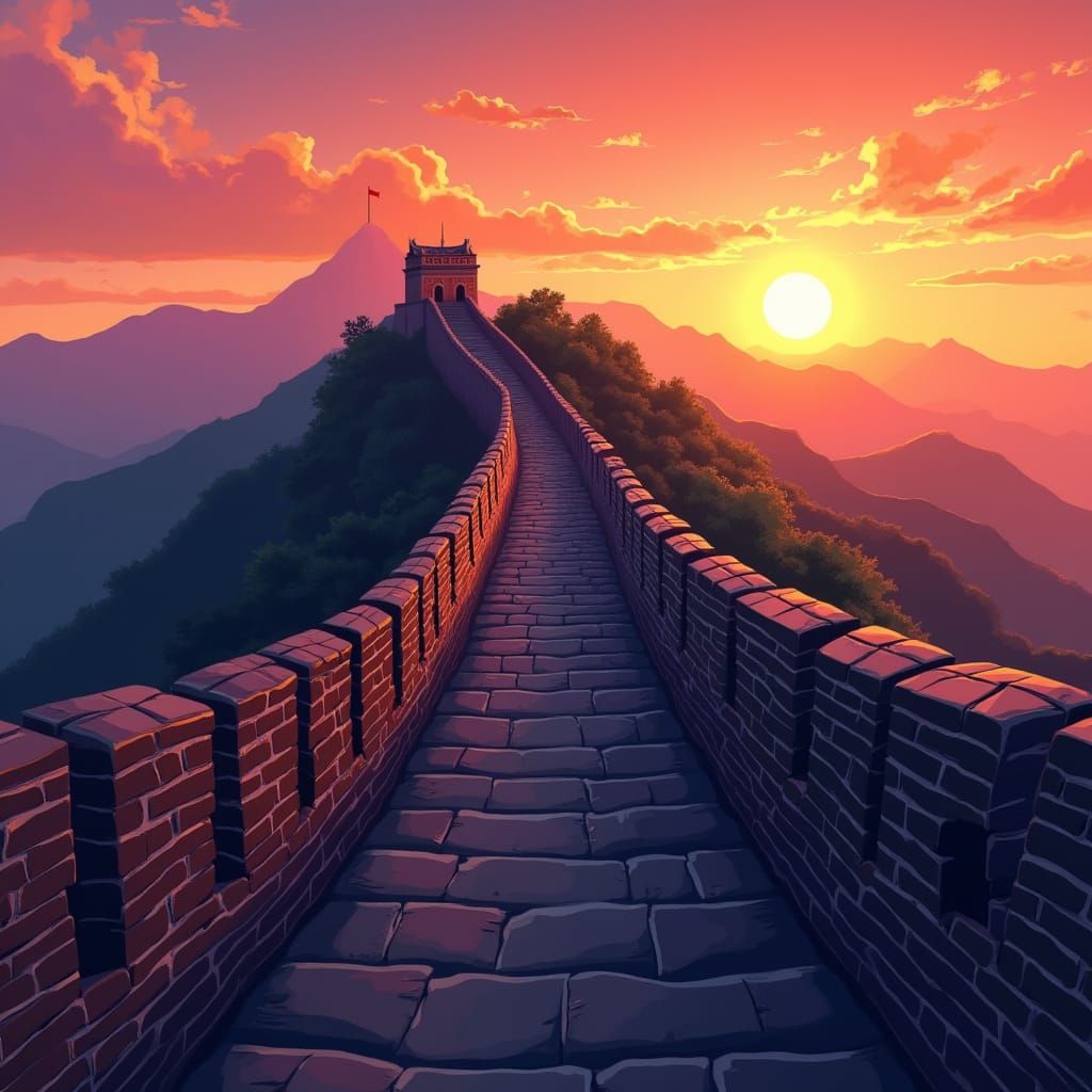 Great Wall of China Sunset in Manga Style