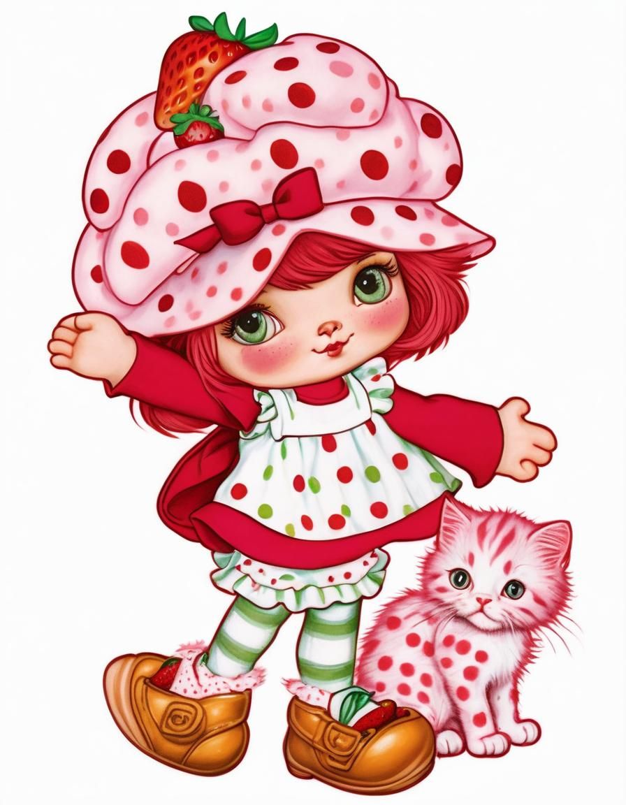 Hyperrealistic Strawberry Shortcake with Polka Dot Kitten