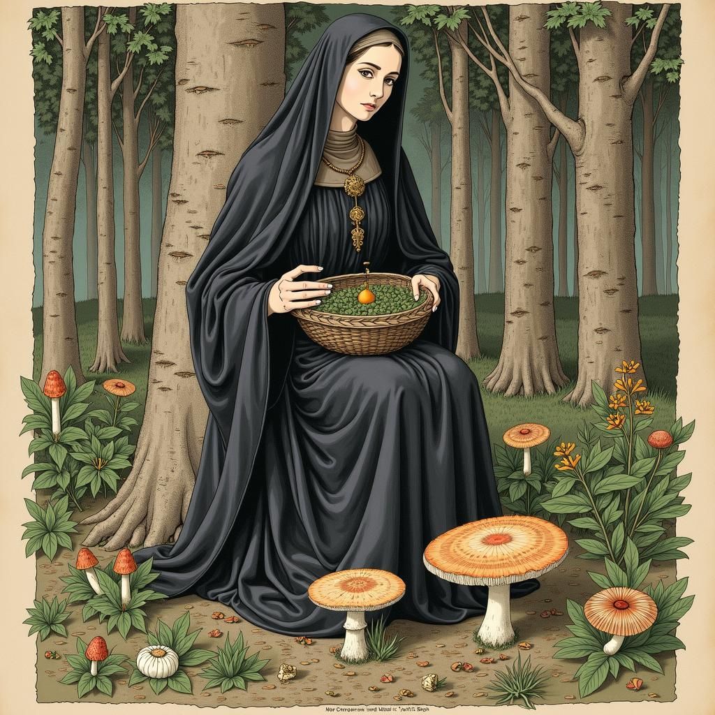 Saint Hildegard in Forest, Renaissance Style Illustration