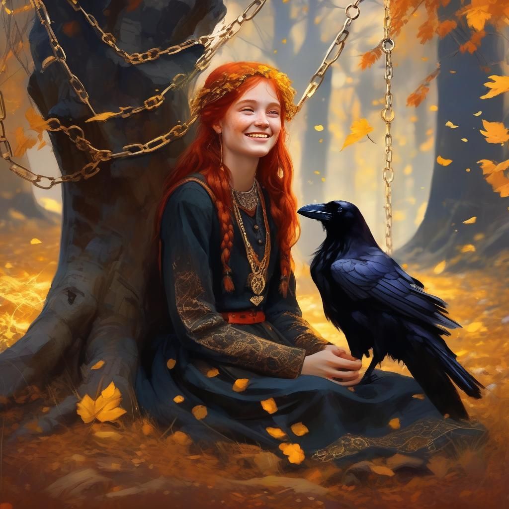 Redhead Girl in Autumn Forest, Digital Painting