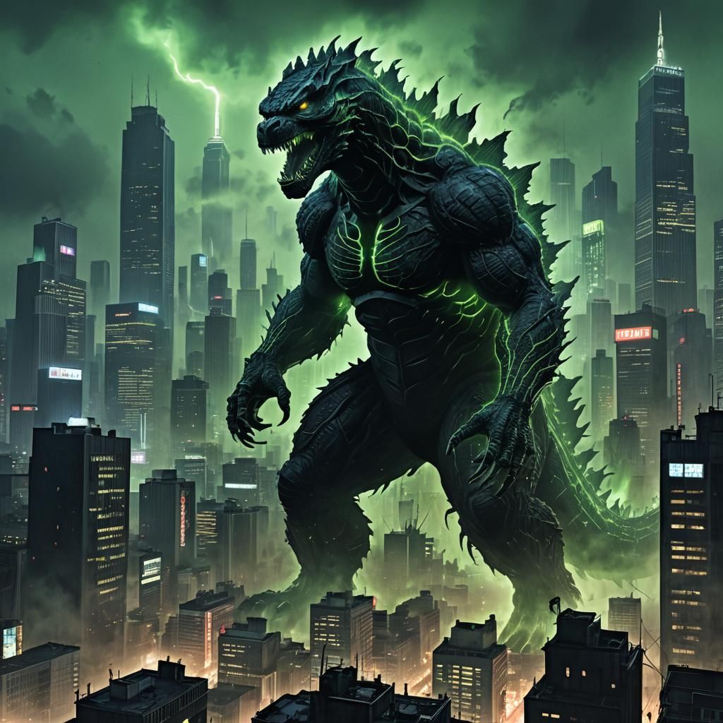 Godzilla and Venom Symbiote in Dark Tokyo