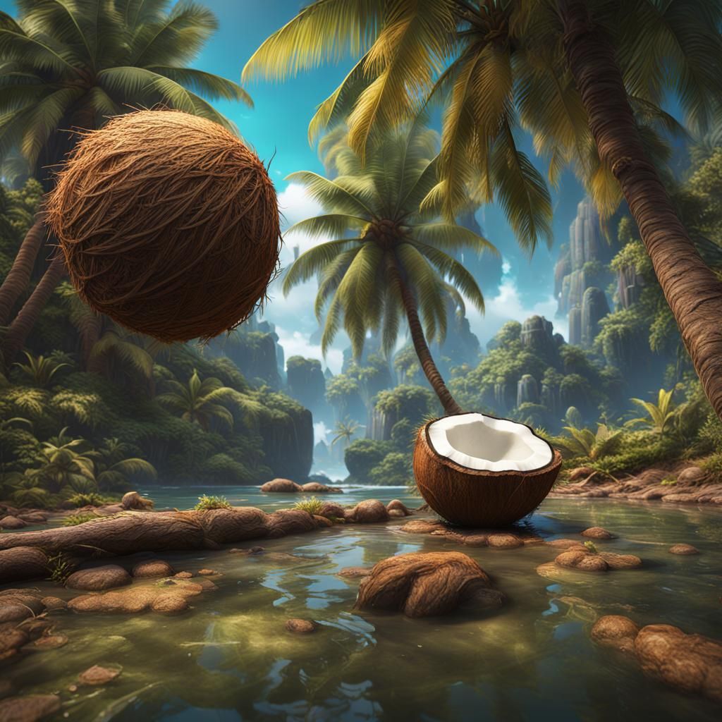 Detailed Matte Painting of a Coconut in Deep Color
