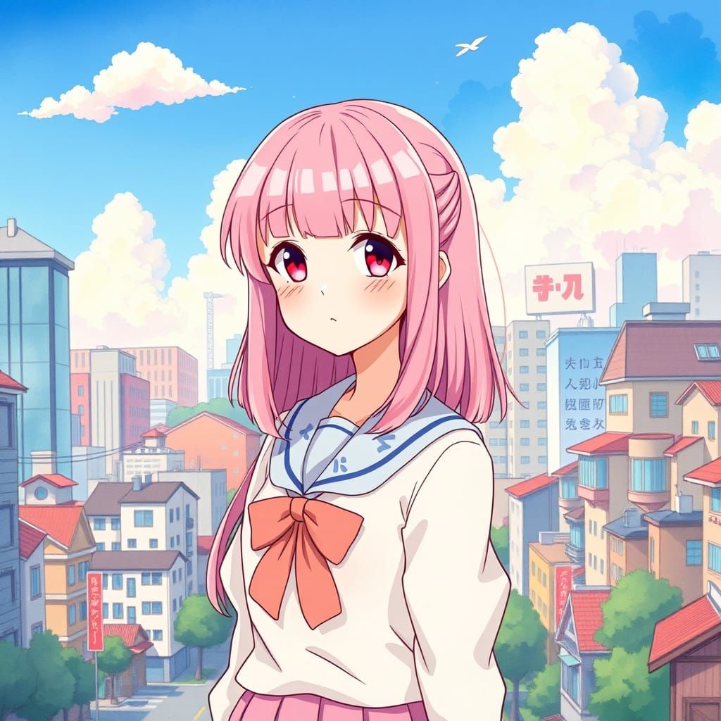 Pastel-Colored Schoolgirl in Vibrant Japanese City
