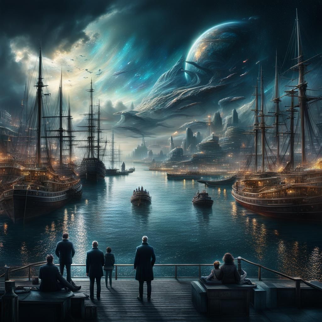 Dramatic Cosmic Display Over Harbour: Digital Matte Painting