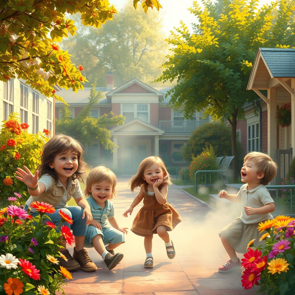 Whimsical Childhood Bliss in a Dreamlike Schoolyard