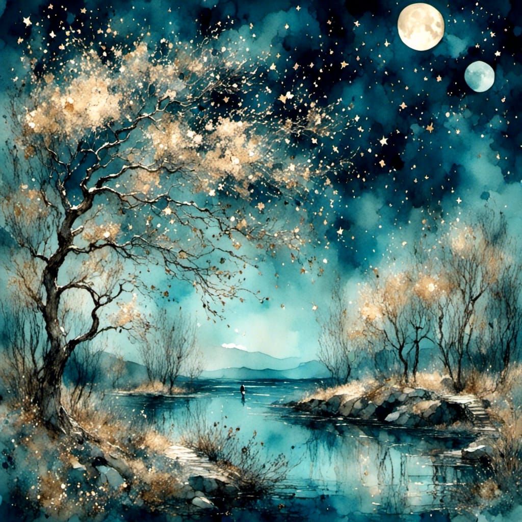 Moon and Stars in Digital Art Style