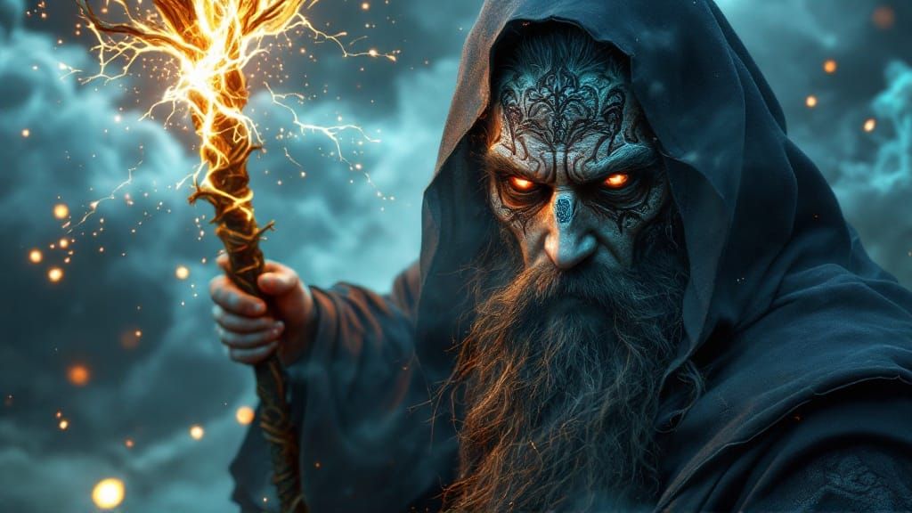 Majestic Sorcerer with Radiant Celtic Tattoos and Yggdrasil ...