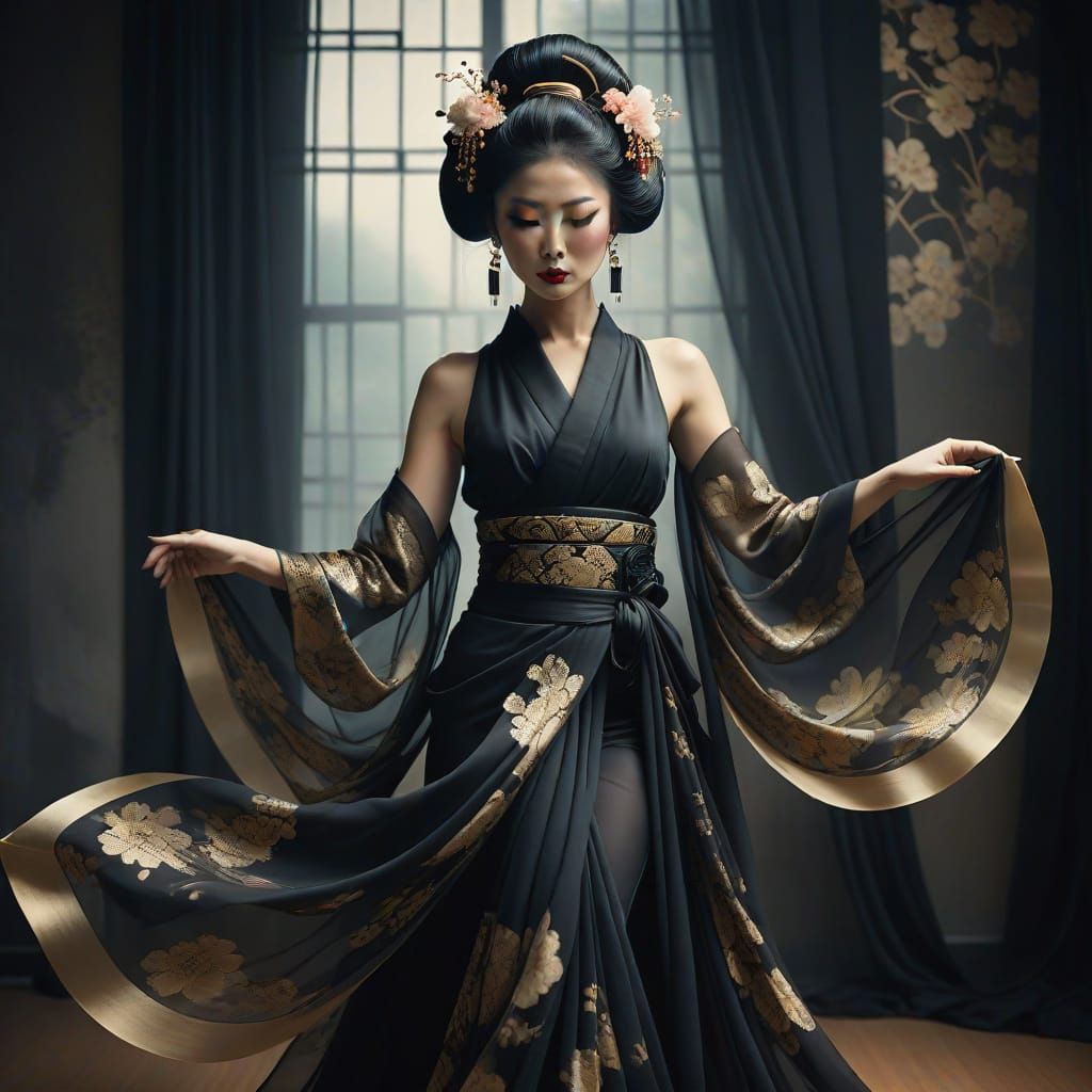 Black Metal Cyborg Geisha with Ornate Fan