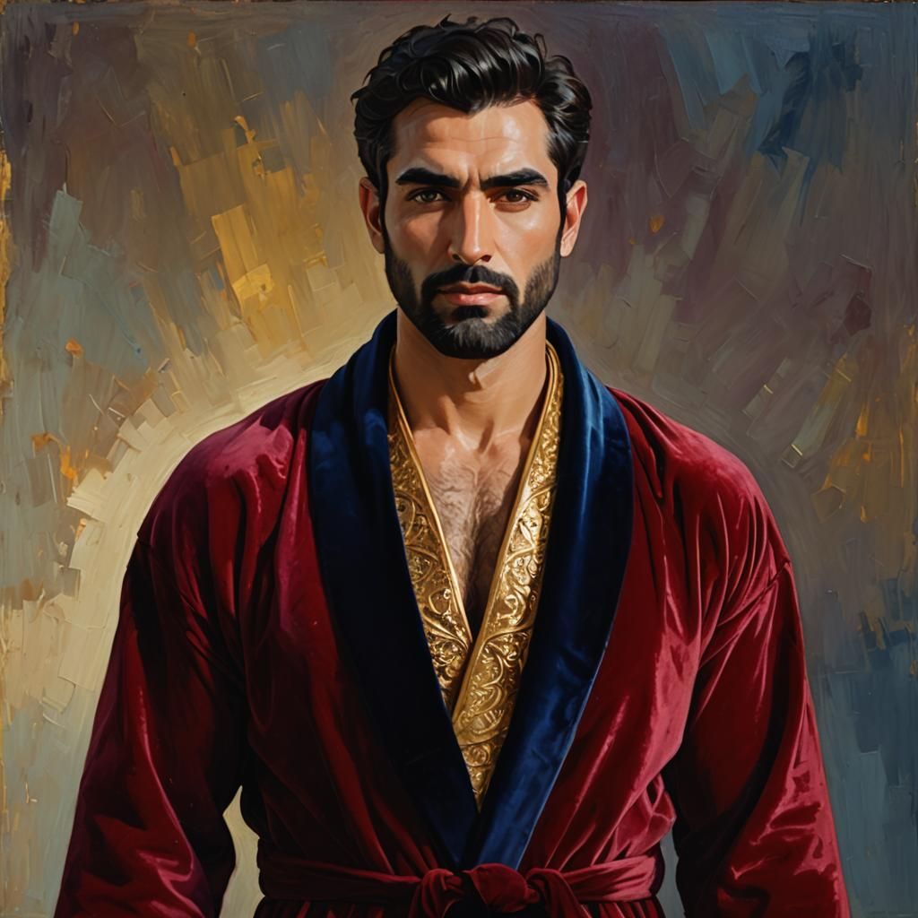 Iranian Man in Velvet Robe, Impressionist Oil Painting