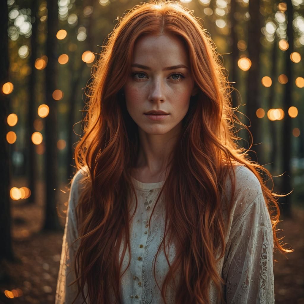 beautiful woman, long red hair, back lit, forest