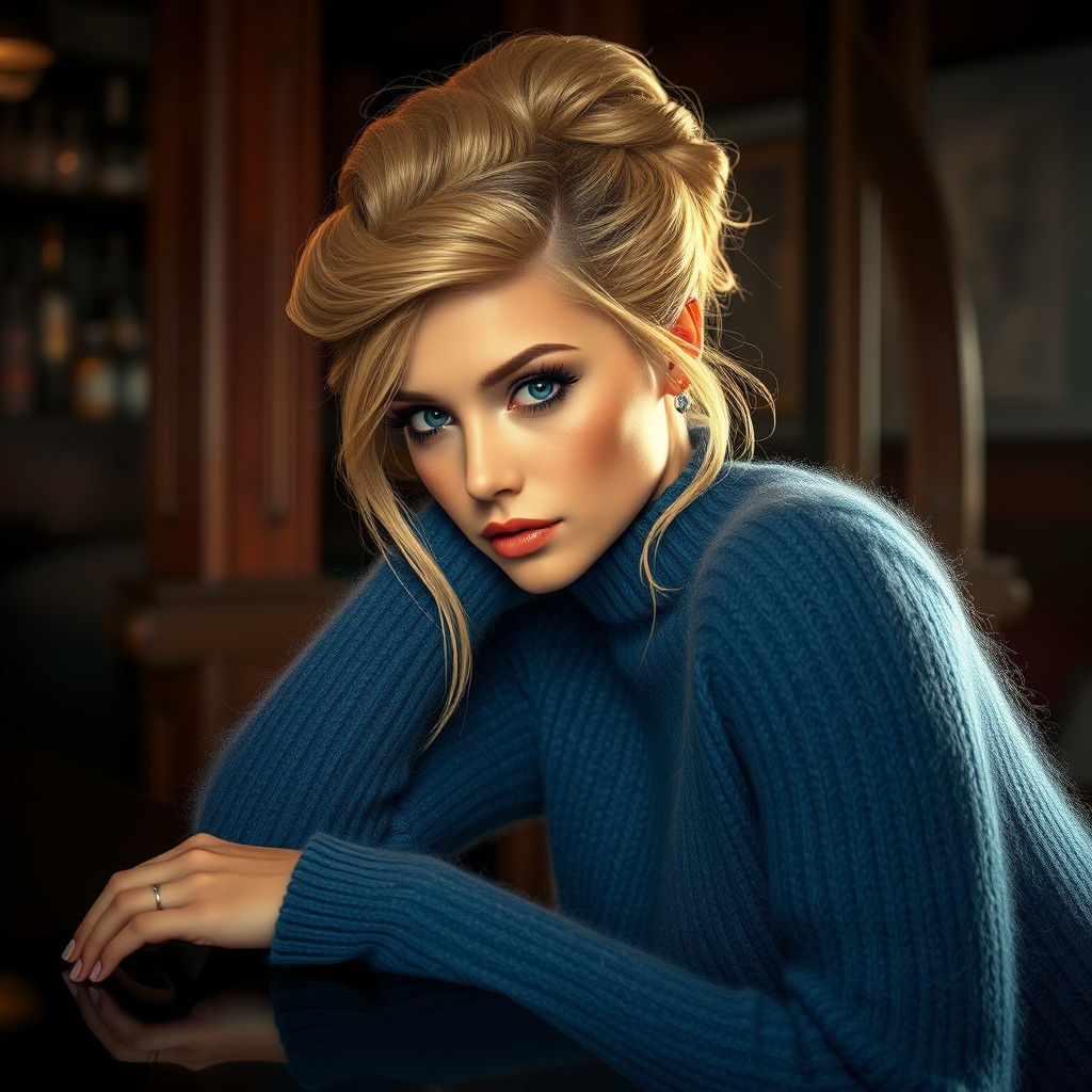 Elegant Blond Woman in Dimly Lit Bar, Fantasy Concept Art