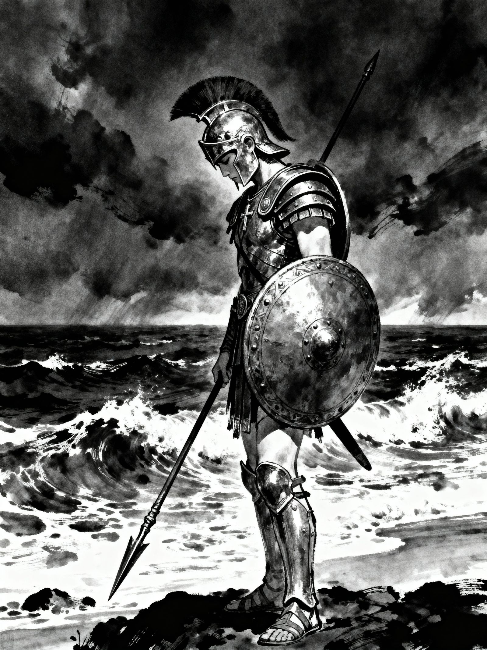Spartan Warrior on Stormy Shore in Ink Style
