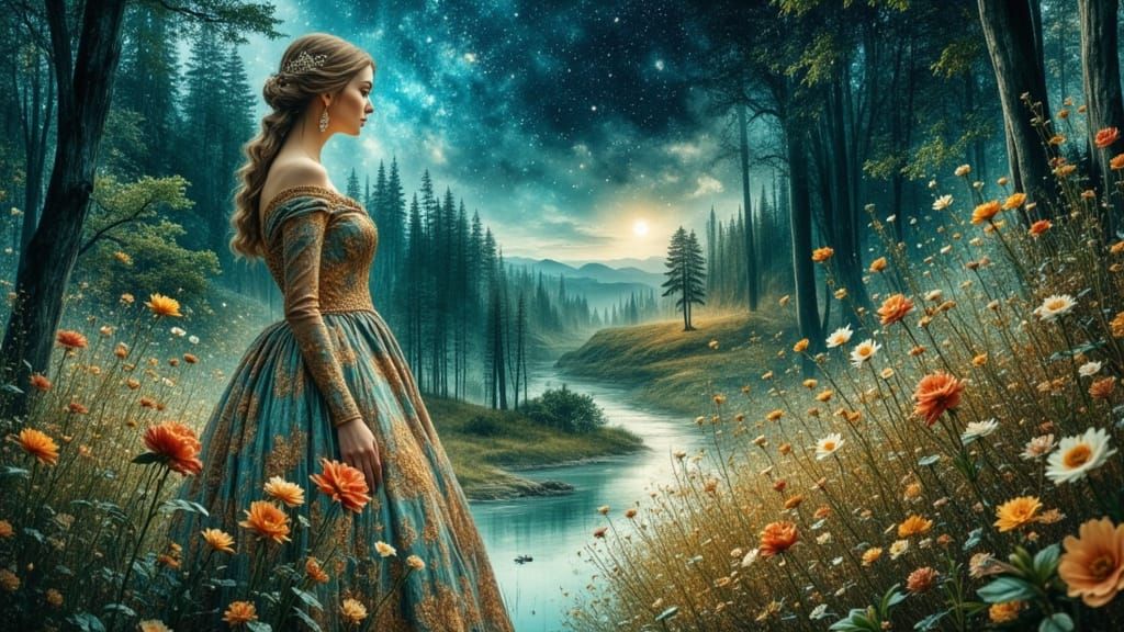 Princess in Enchanting Garden, Pre-Raphaelite Style