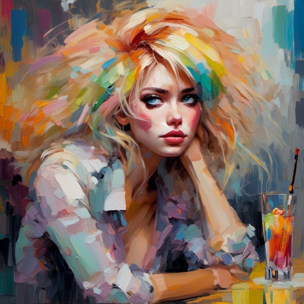 Expressionistic Painting of a Woman in Cocktail Bar