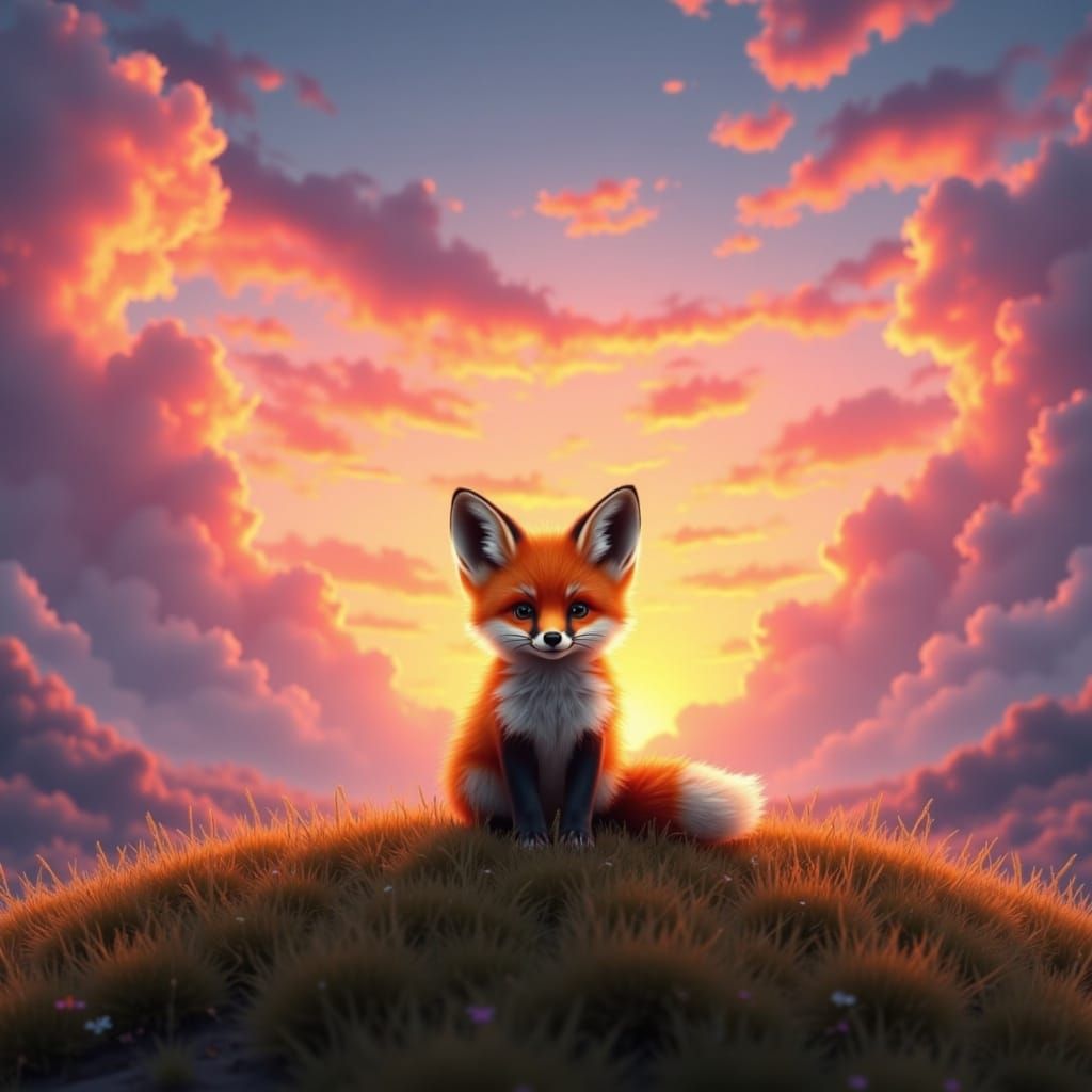 Whimsical Sunset Fox in Fantasy Landscape
